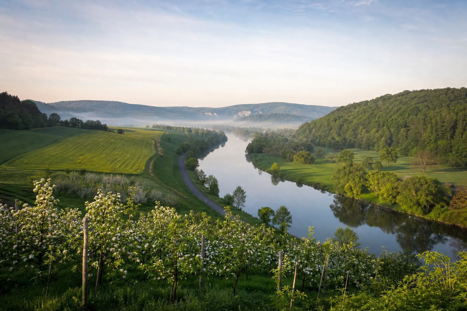 Flusstal mit Obstgärten und Morgennebel in Franken