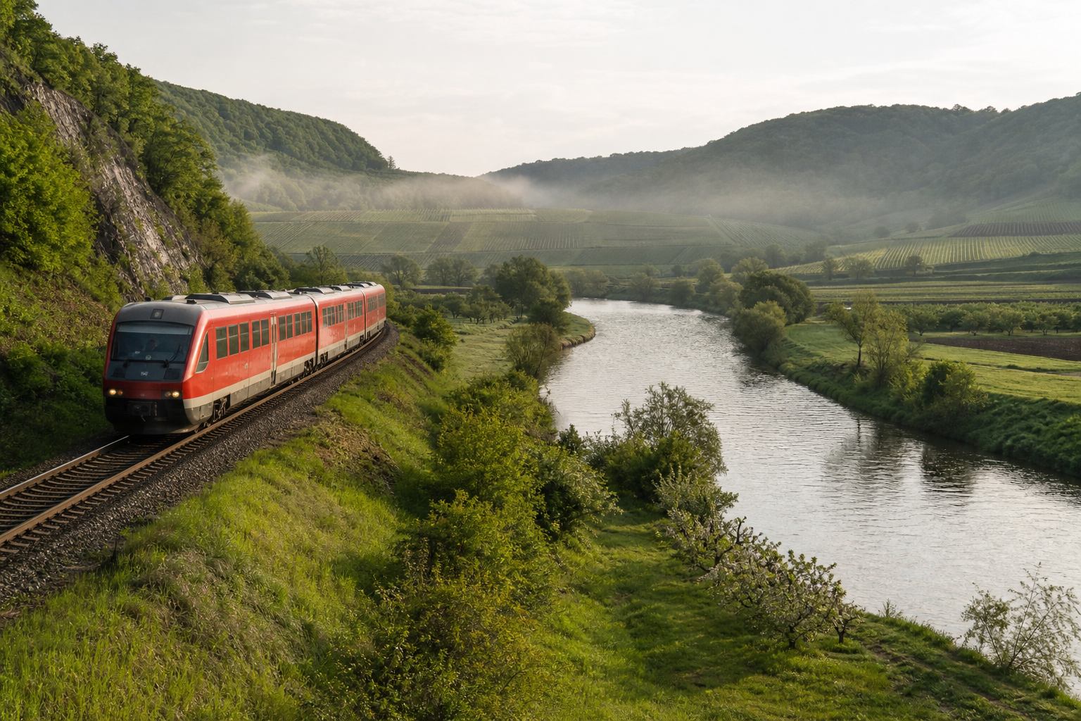 Regionalzug in einem grünen Tal Frankens