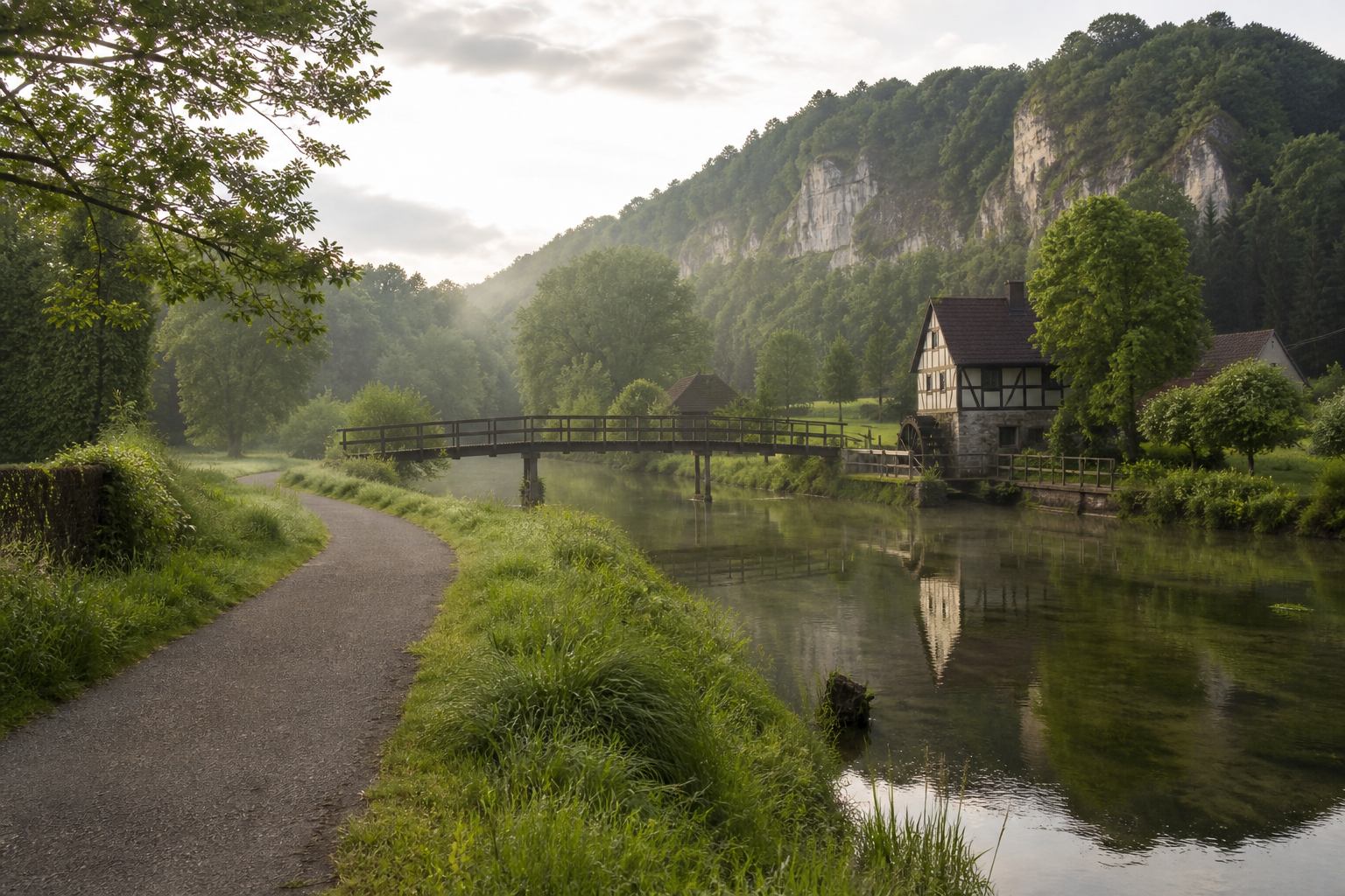Wiesenttal mit Morgennebel und Uferweg